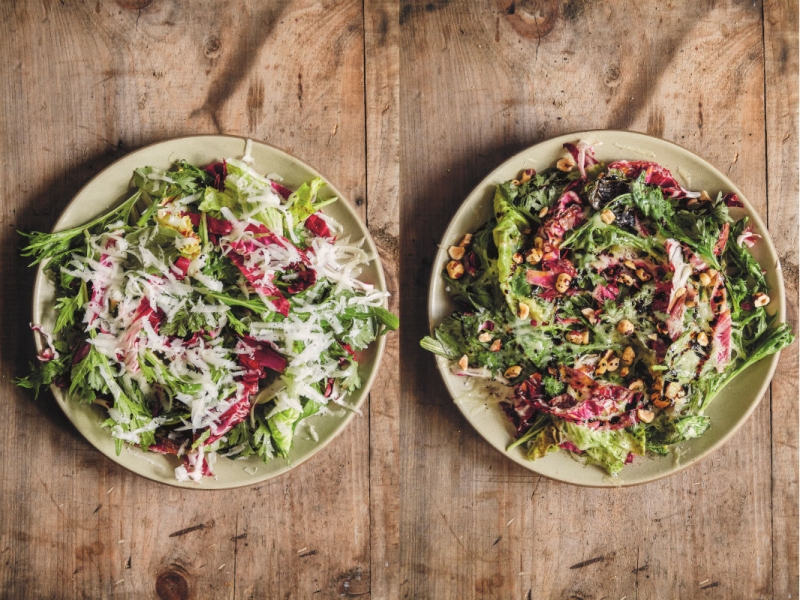 Groen-rode salade met gesmolten kaas uit Zes Seizoenen